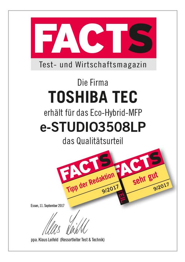 FACTS Urteil "sehr gut" für das Eco-Hybrid-Multifunktionssystem Toshiba eSTUDIO3508LP